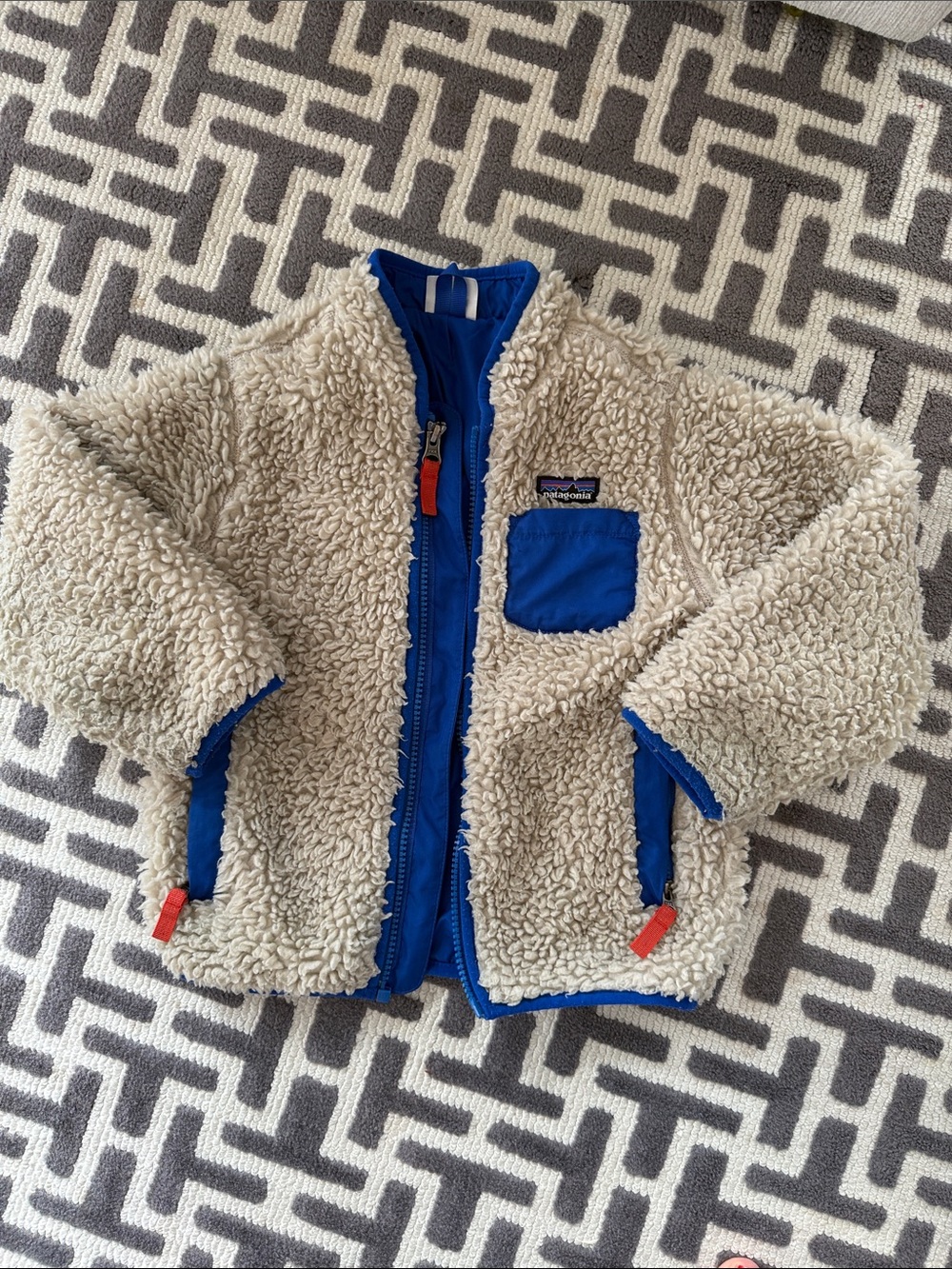 Patagonia Kids Cream Sherpa Jacket with Blue Trim